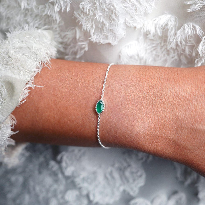 Pulsera Flora Una Hoja Ónix Verde Plata