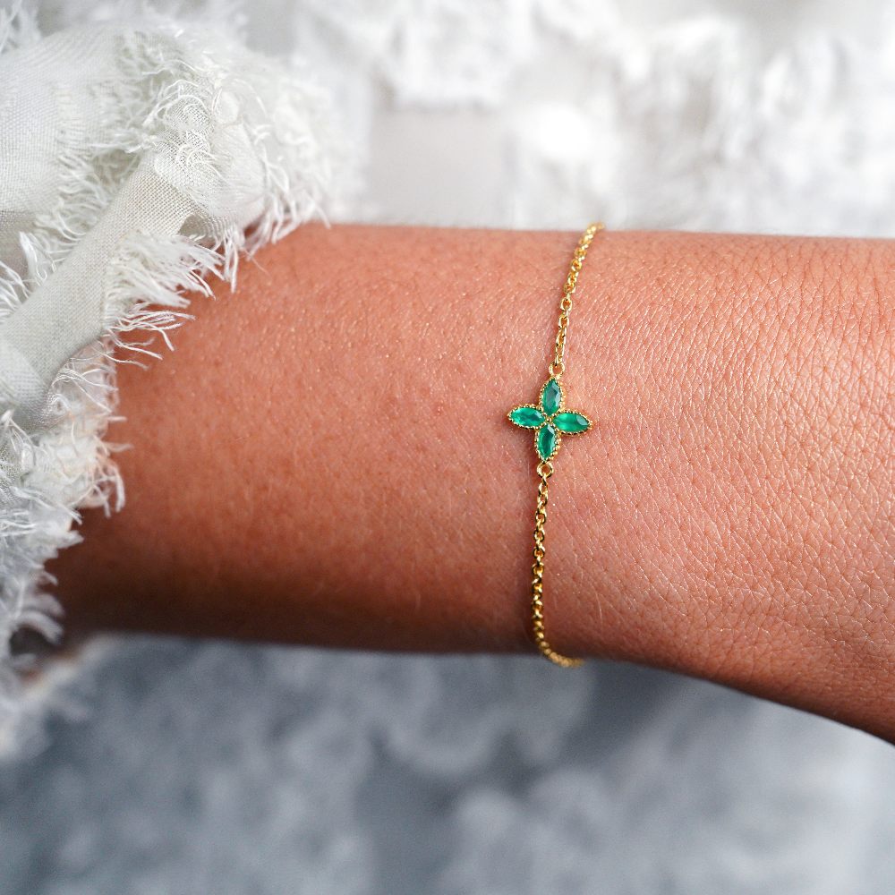 Pulsera Flora Cuatro Hojas Ónix Verde Oro