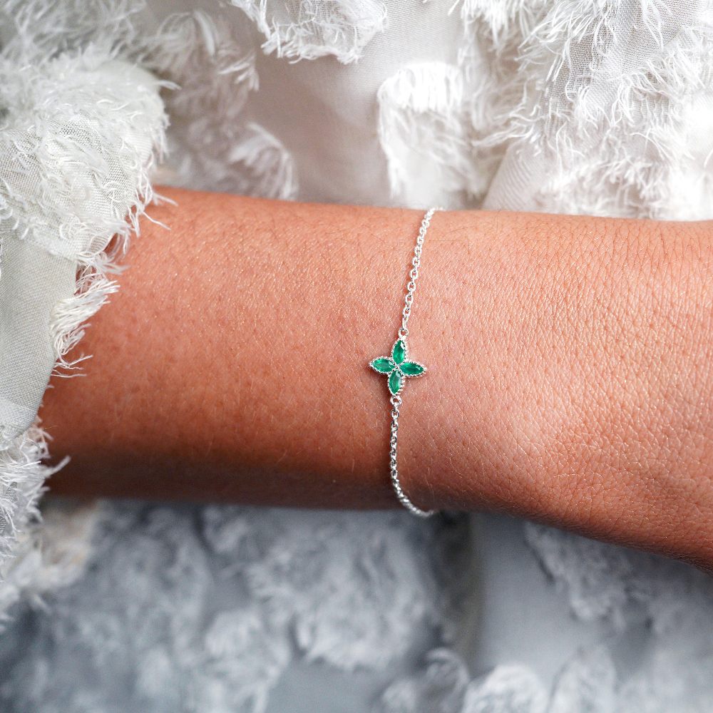 Pulsera Flora Cuatro Hojas Ónix Verde Plata