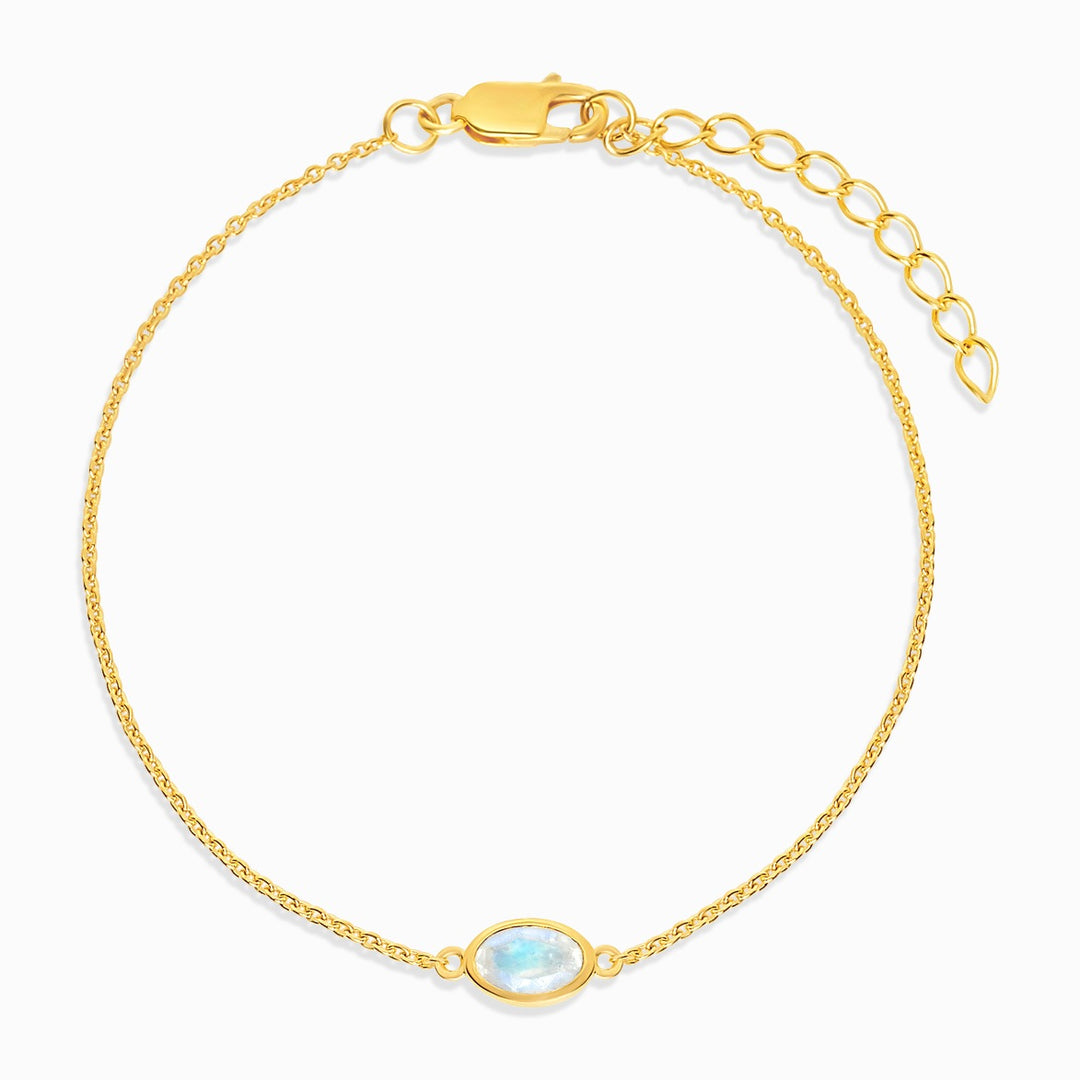 Pulsera de cristal en oro con piedra natal de junio, Piedra Luna. Pulsera con piedra preciosa Rainbow Moonstone en oro.