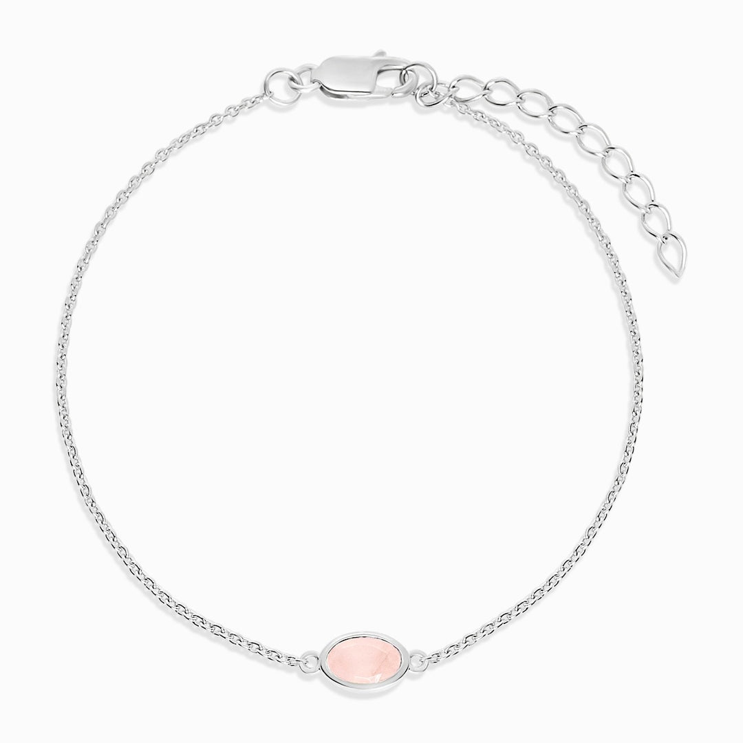 Pulsera de cristal con Cuarzo Rosa, un cristal rosa que es la piedra de nacimiento de Octubre. Pulsera de plata con el cristal del amor Cuarzo Rosa.