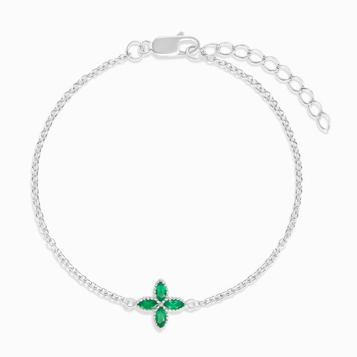 Pulsera Flora Cuatro Hojas Ónix Verde Plata